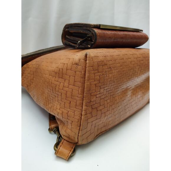 Patricia Nash Brown Leather Woven Top Handle Flap Closure Backpack w/ Wallet